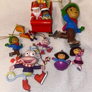 Diego and Dora holiday ornament characters with boots, swiped and Santa too!